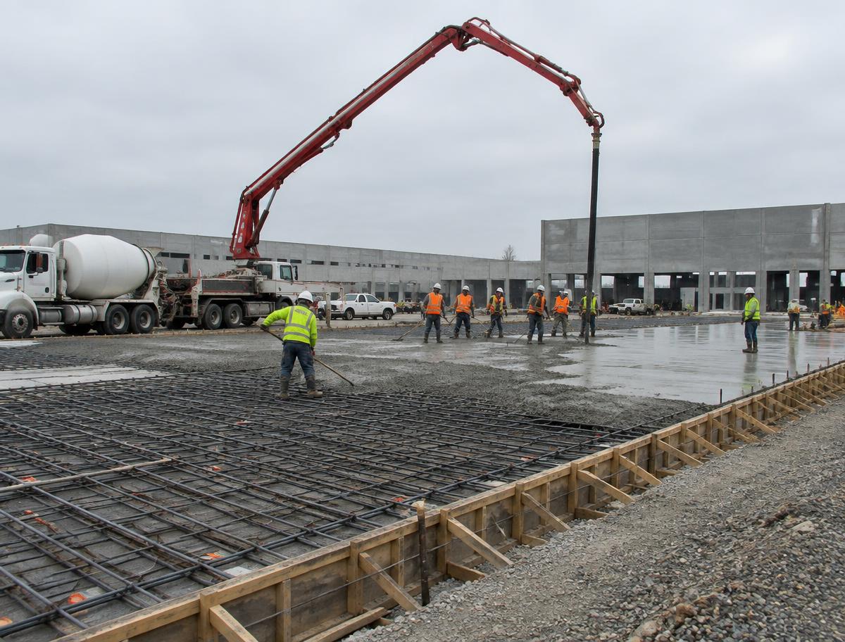 Crew pouring a large industrial concrete slab with a pump boom